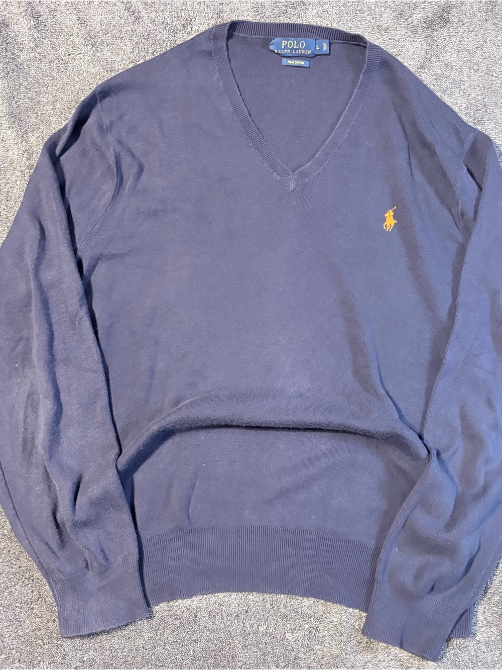Ralph Lauren Navy V-Neck Sweater with Yellow Pony Emblem